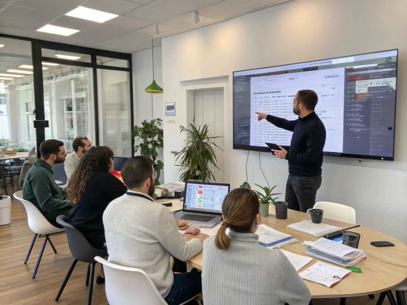 A consultant providing training to a group of employees on new software tools, illustrating STRATILUXTECH LTD's Implementation Support service.