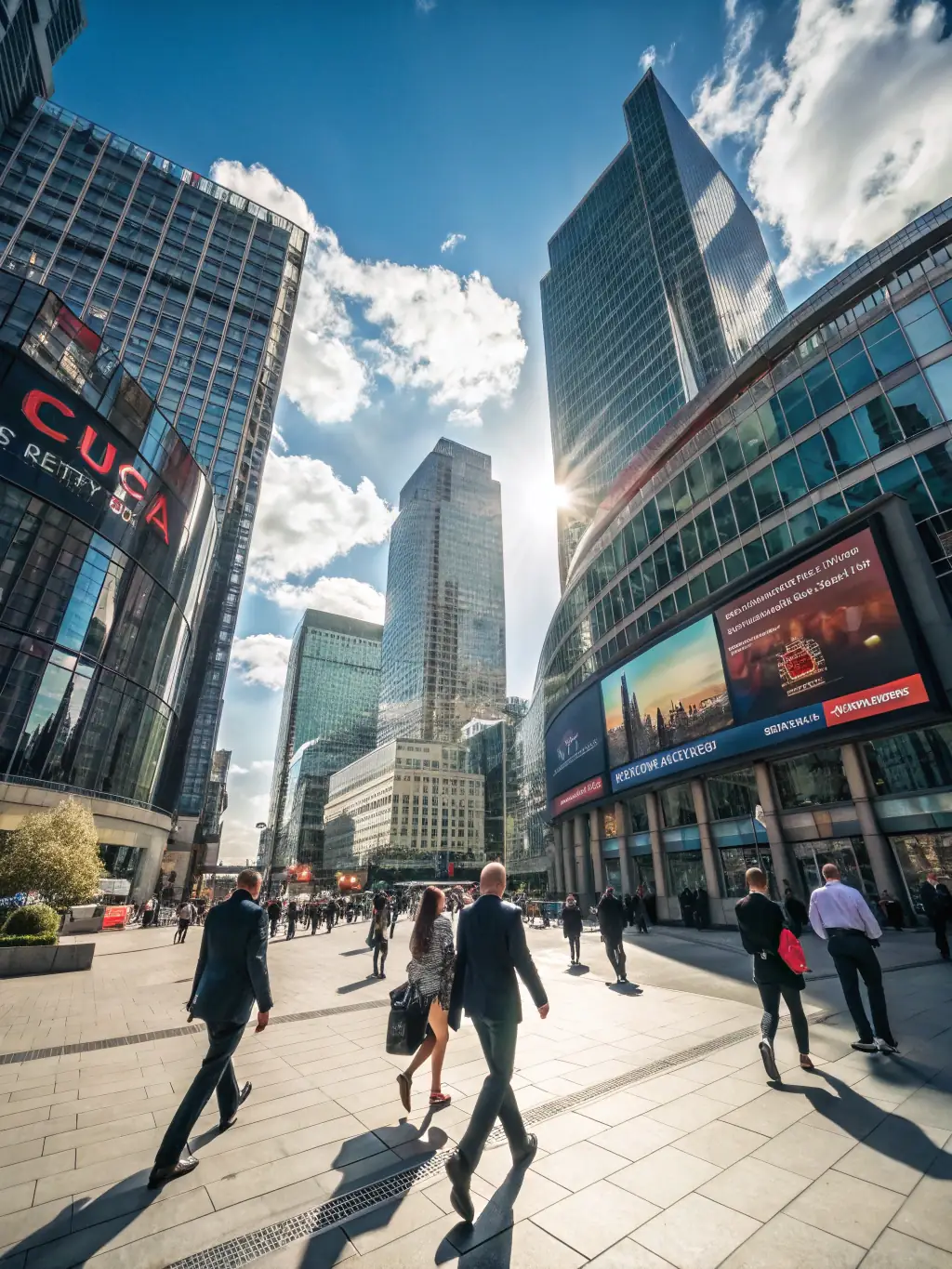 A bustling financial district with skyscrapers, symbolizing the financial services industry's reliance on data and technology.