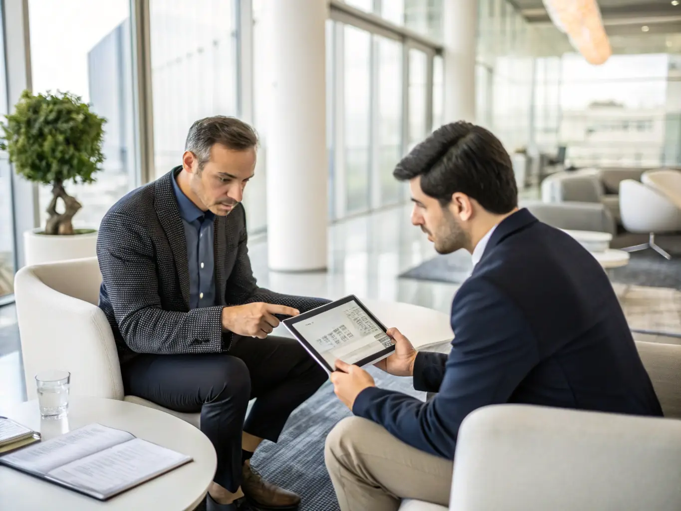 A consultant discussing digital strategies with a client in a modern office setting, representing STRATILUXTECH LTD's Digital Transformation Consulting service.