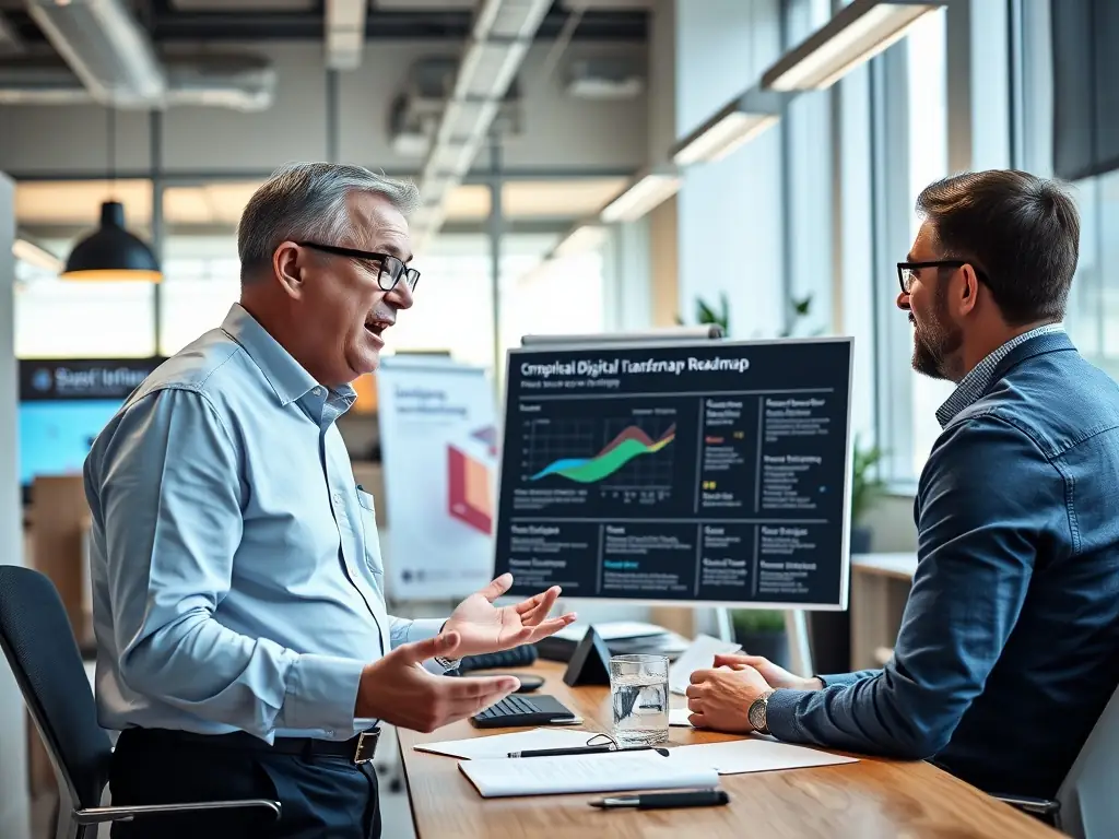 A consultant in a modern office setting, advising a client on digital transformation strategies, with charts and data visualizations in the background.